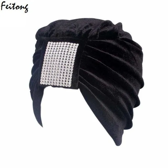 2017 New Women Hats Diamond Jewel Caps Women Ladies Boho Cancer Hat Beanie Velvet Turban Head Wrap Cap Casquette Homme