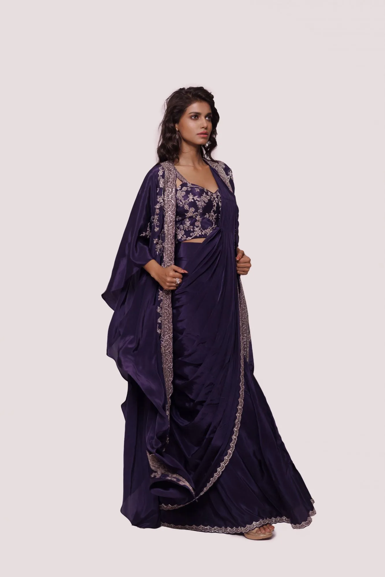 90Y022-RO Purple Embellished Crepe Saree with Embroidered Cape