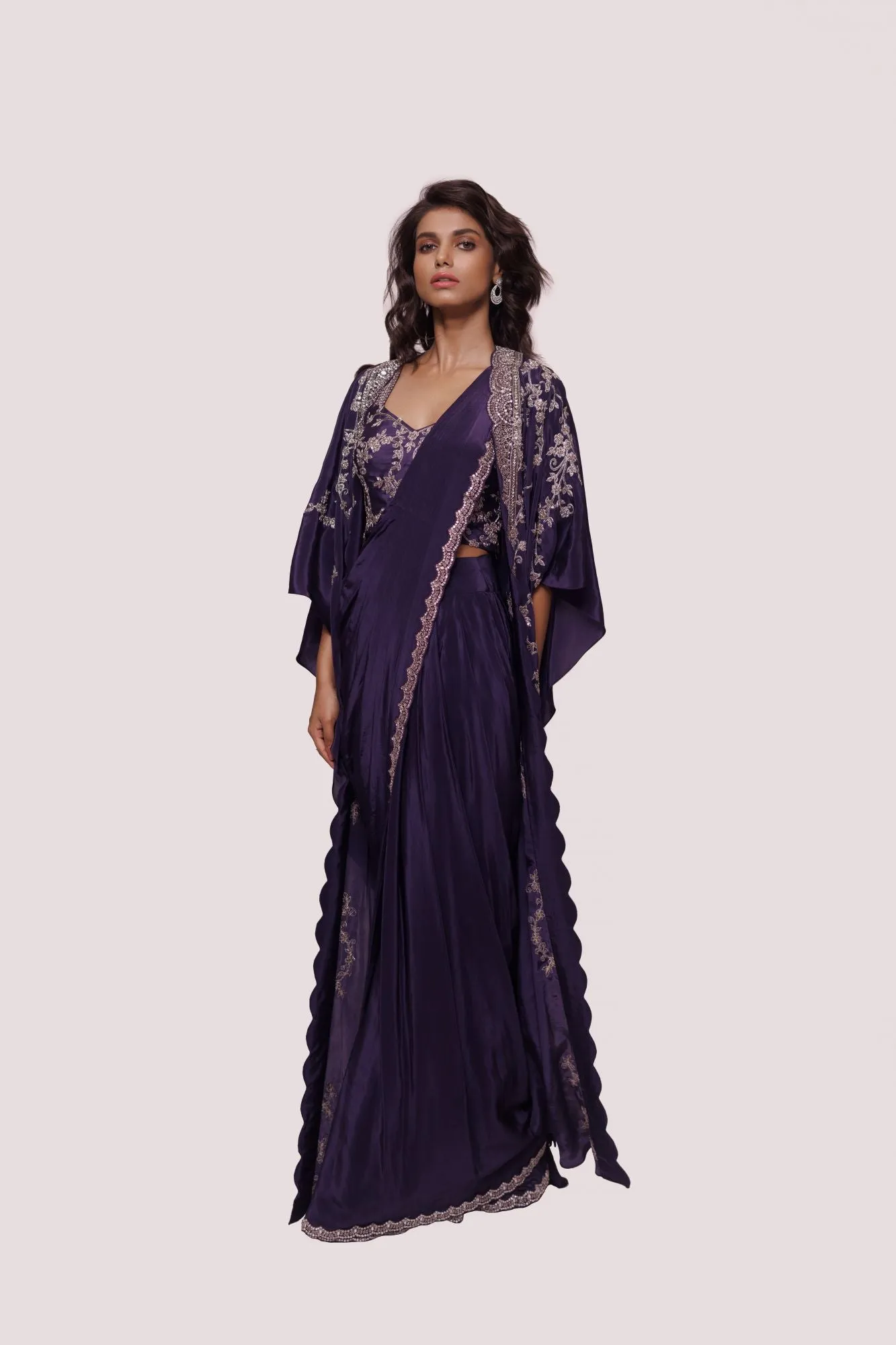 90Y022-RO Purple Embellished Crepe Saree with Embroidered Cape