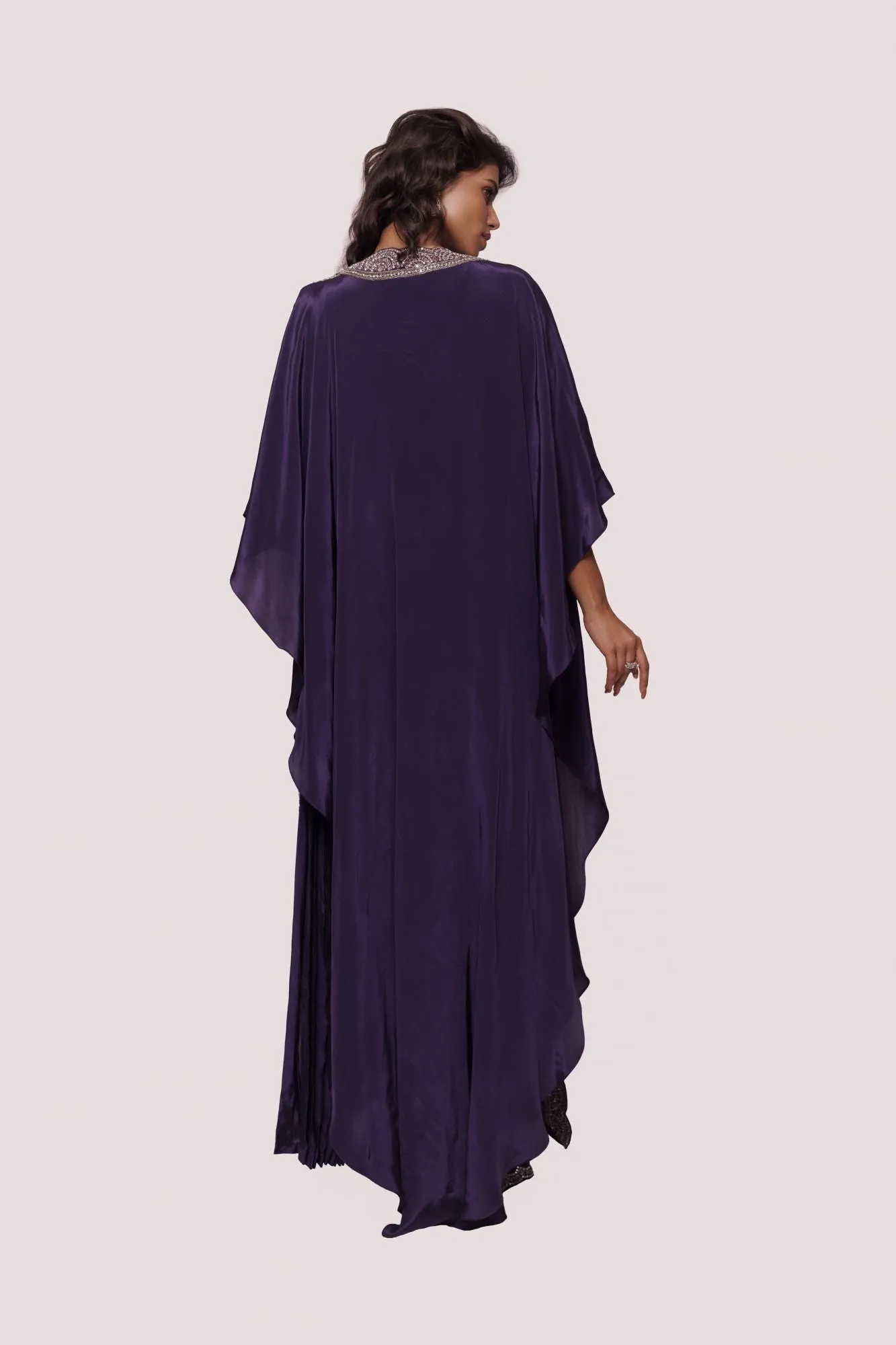 90Y022-RO Purple Embellished Crepe Saree with Embroidered Cape