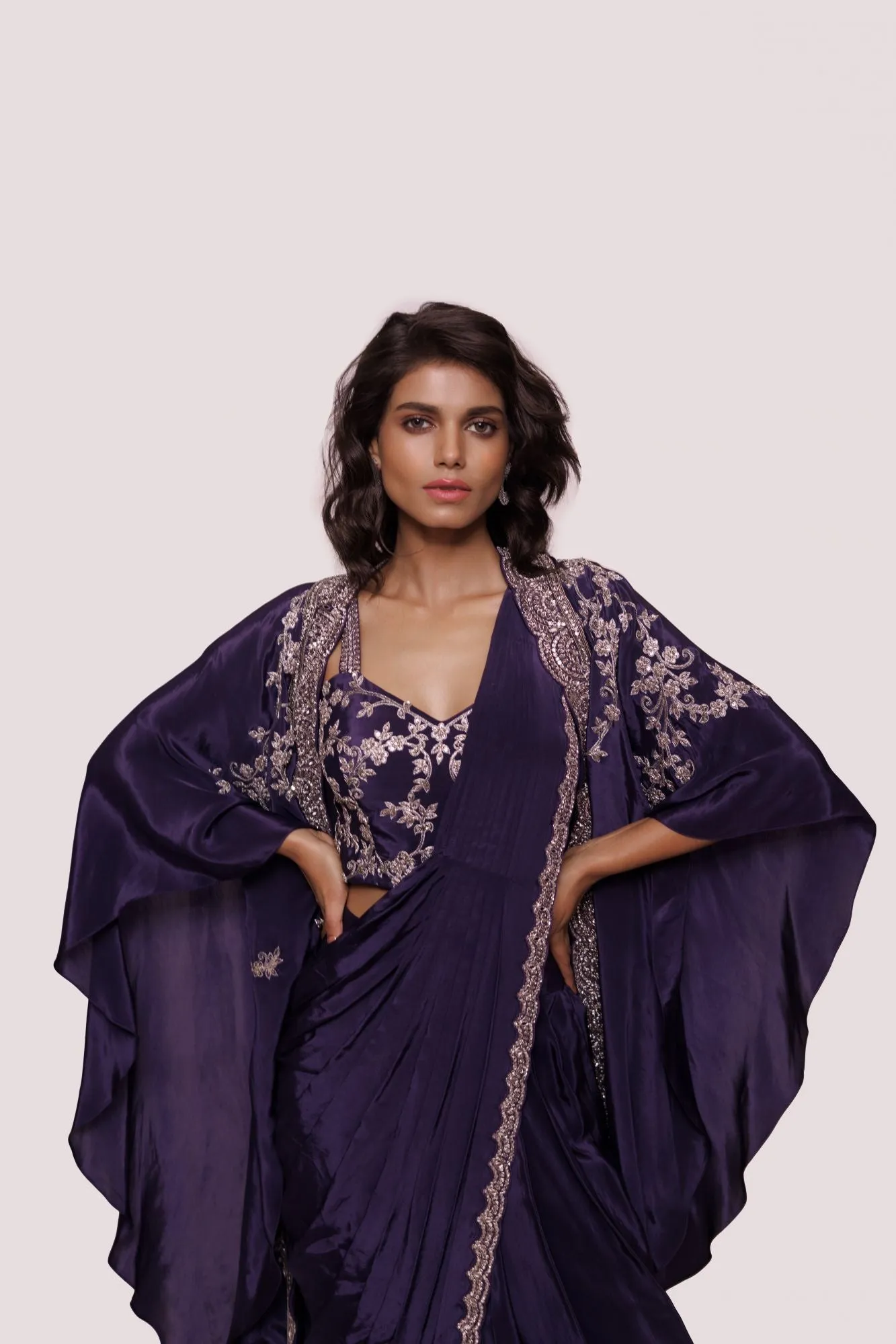90Y022-RO Purple Embellished Crepe Saree with Embroidered Cape
