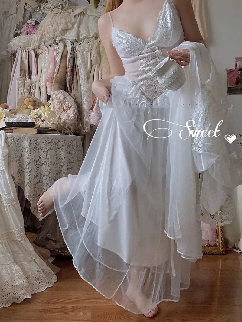 Aiertu Autumn White Fairy Vintage Sweet Dress Women Mesh Lace Sexy Casual Korean Dress Female Patchwork Designer Princess Dresses