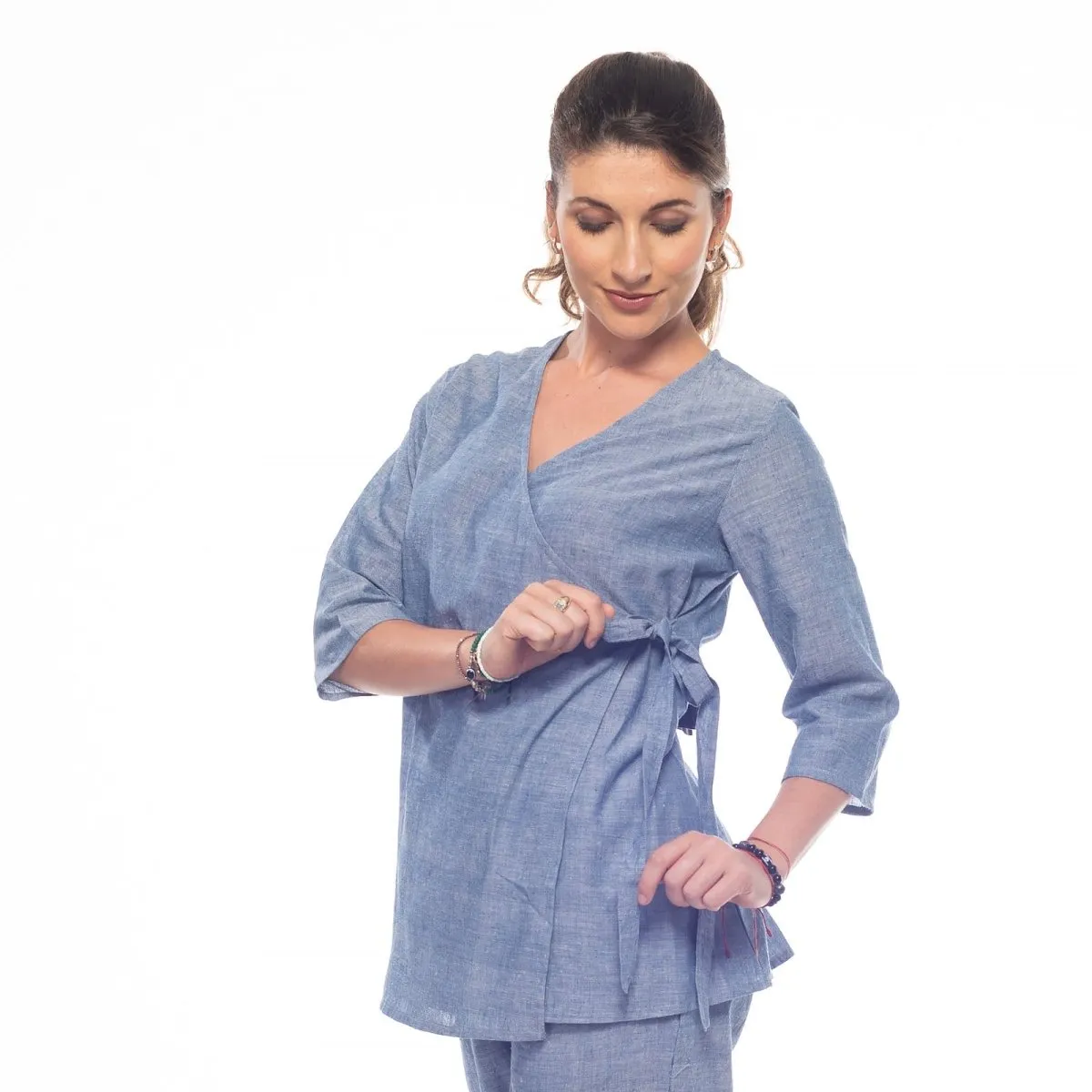 Azure-Blue Handwoven Cotton Long Wrap Top | Long Top for Women