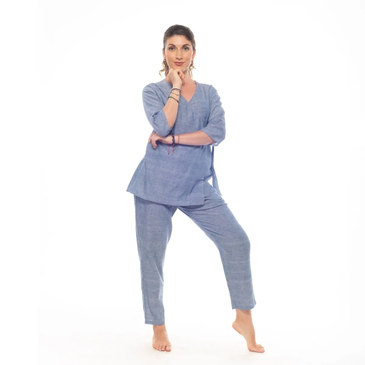 Azure-Blue Handwoven Cotton Long Wrap Top | Long Top for Women
