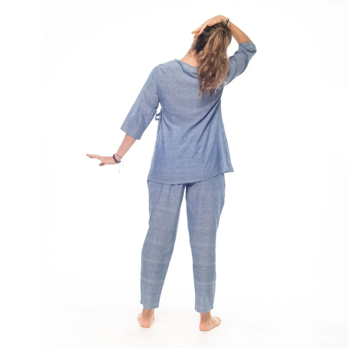 Azure-Blue Handwoven Cotton Long Wrap Top | Long Top for Women
