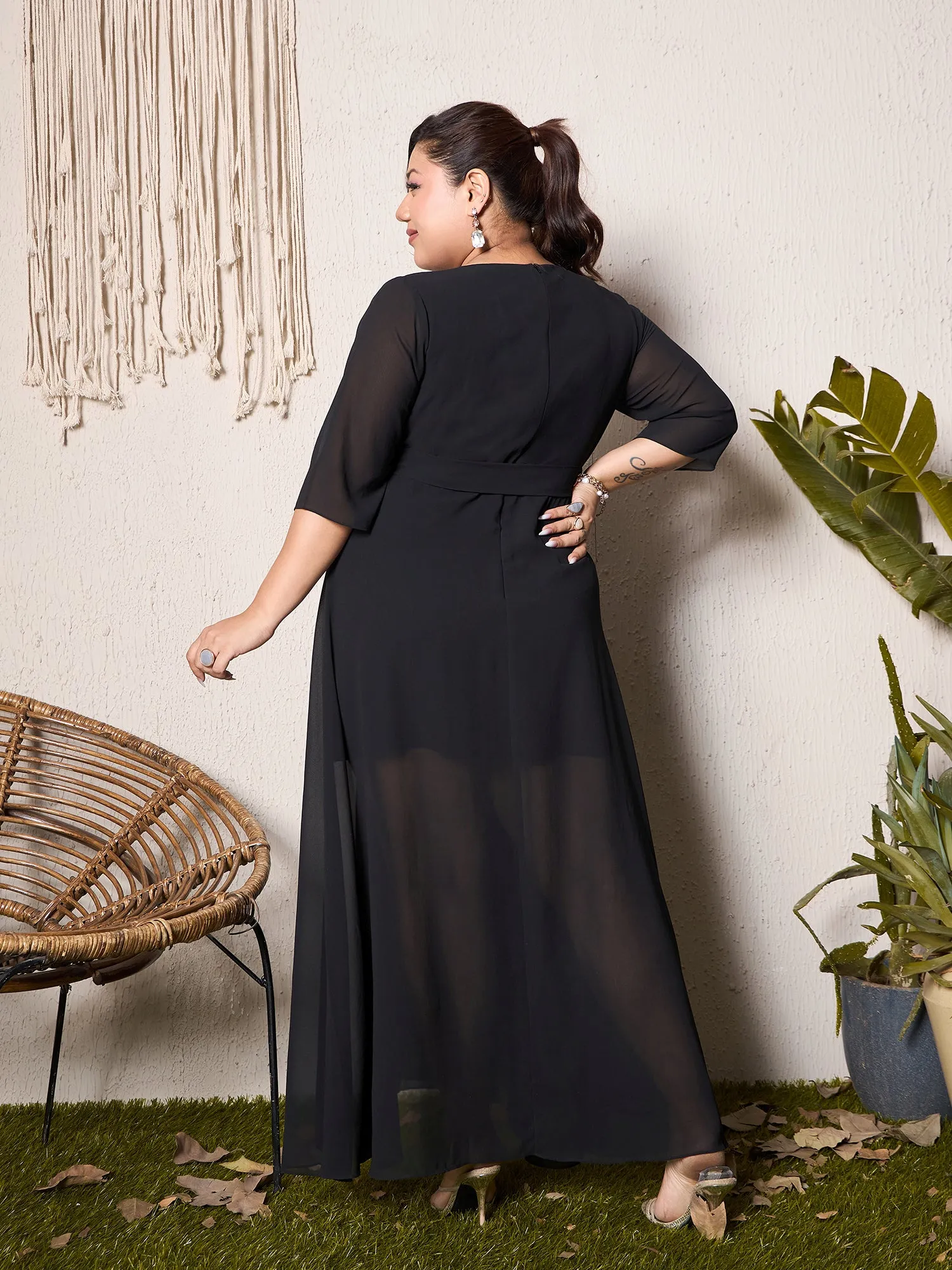 Berrylush Curve Women Black Solid V-Neck Wrap Belted Maxi Dress