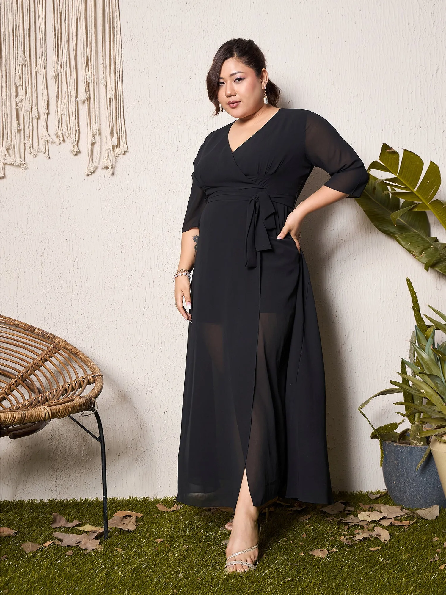 Berrylush Curve Women Black Solid V-Neck Wrap Belted Maxi Dress