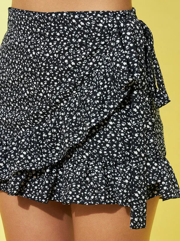 Berrylush Women Black & White Floral Printed High-Rise Tie-Up Waist Tulip Hem Wrap Ruffled Mini Shorts