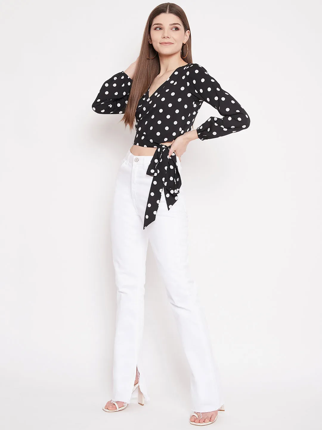 Berrylush Women Black Polka Dot Printed Wrap Tie Crop Top