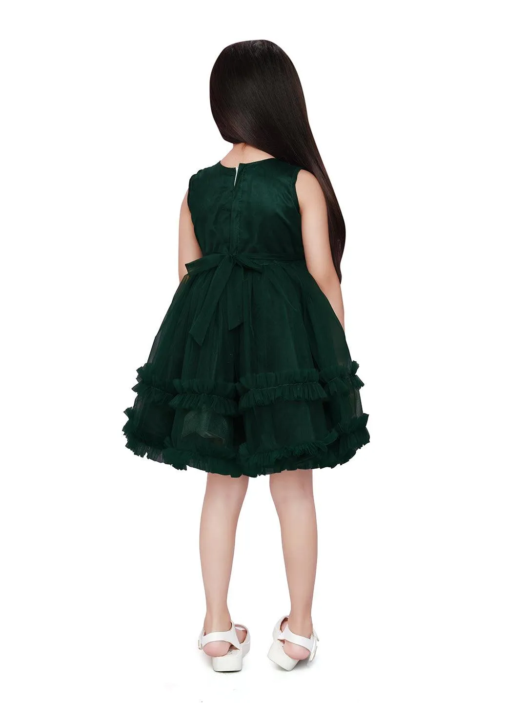 Bottle Green Coloured Stripe Style Pattern Frock For Girls