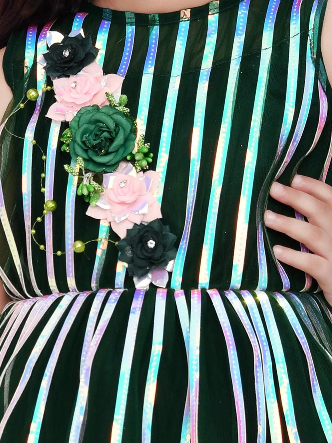 Bottle Green Coloured Stripe Style Pattern Frock For Girls
