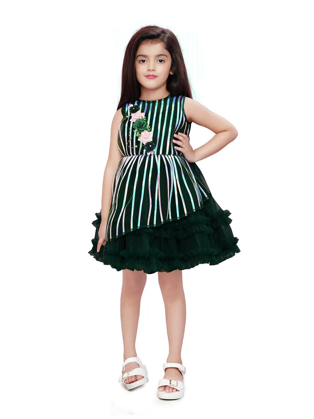 Bottle Green Coloured Stripe Style Pattern Frock For Girls