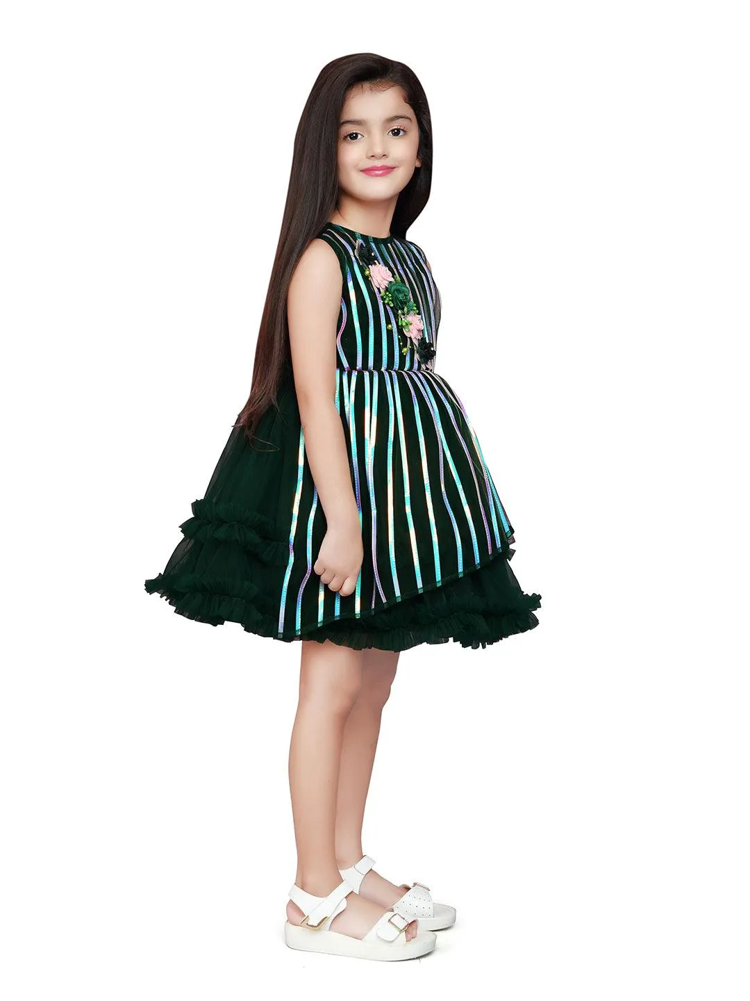 Bottle Green Coloured Stripe Style Pattern Frock For Girls