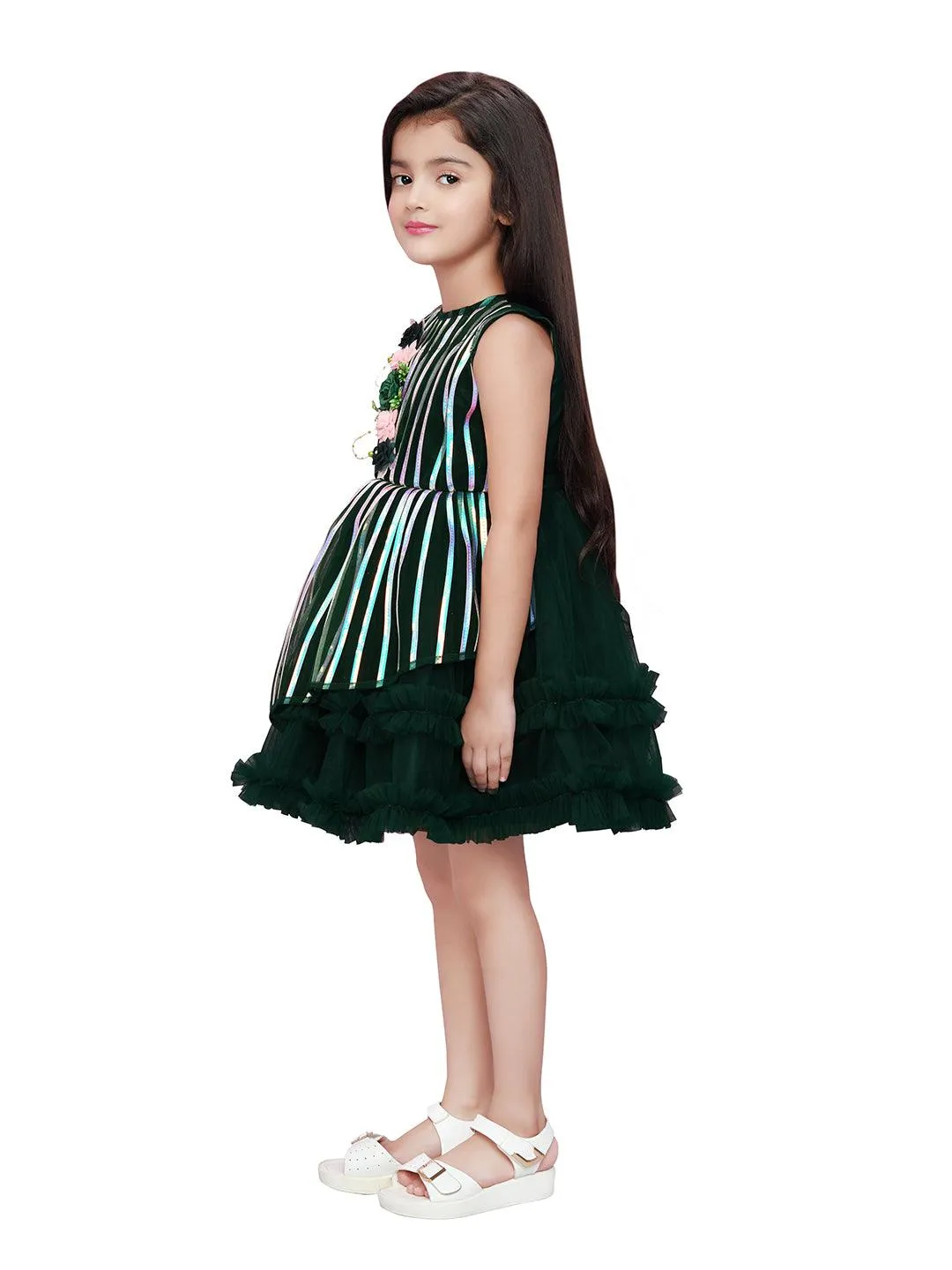 Bottle Green Coloured Stripe Style Pattern Frock For Girls