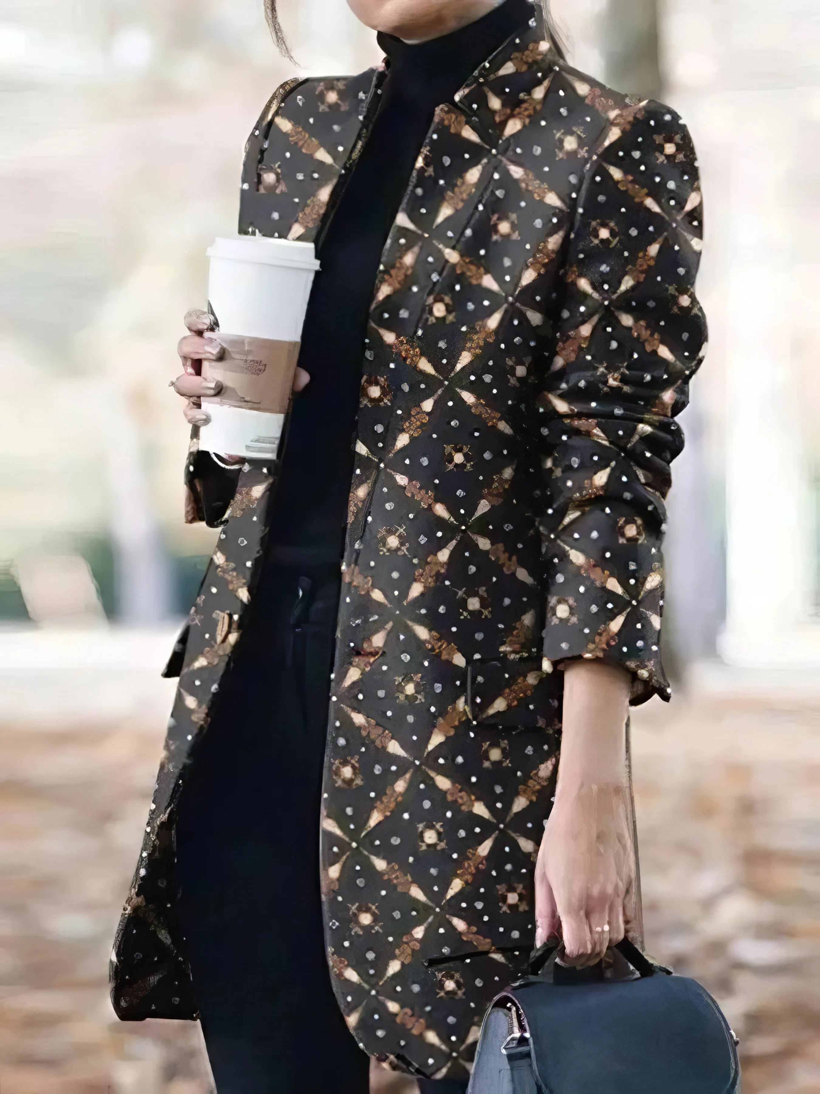 Coats Fashion Printed Stand-Collar Woolen Coat for Women