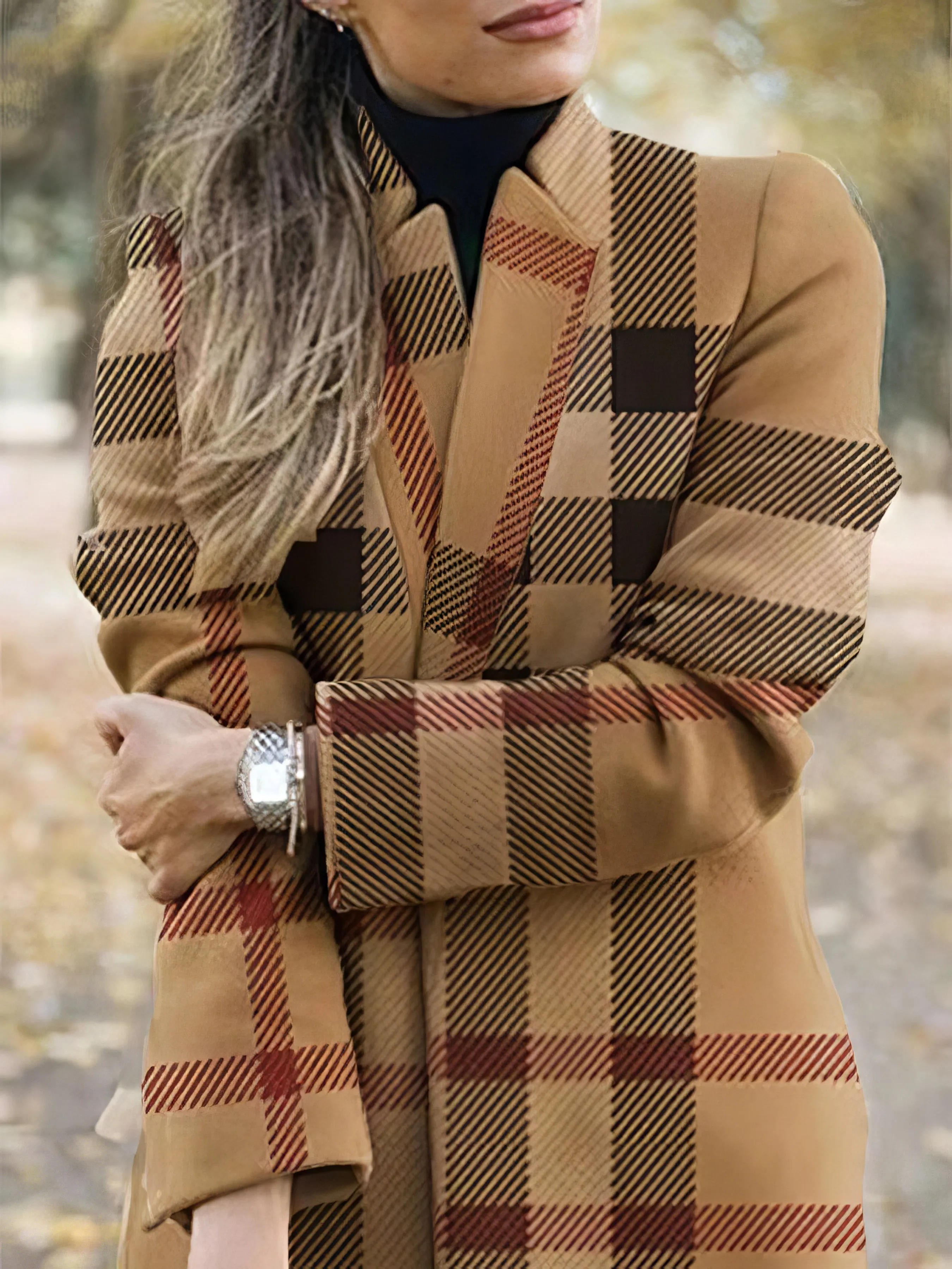 Coats Fashion Printed Stand-Collar Woolen Coat for Women