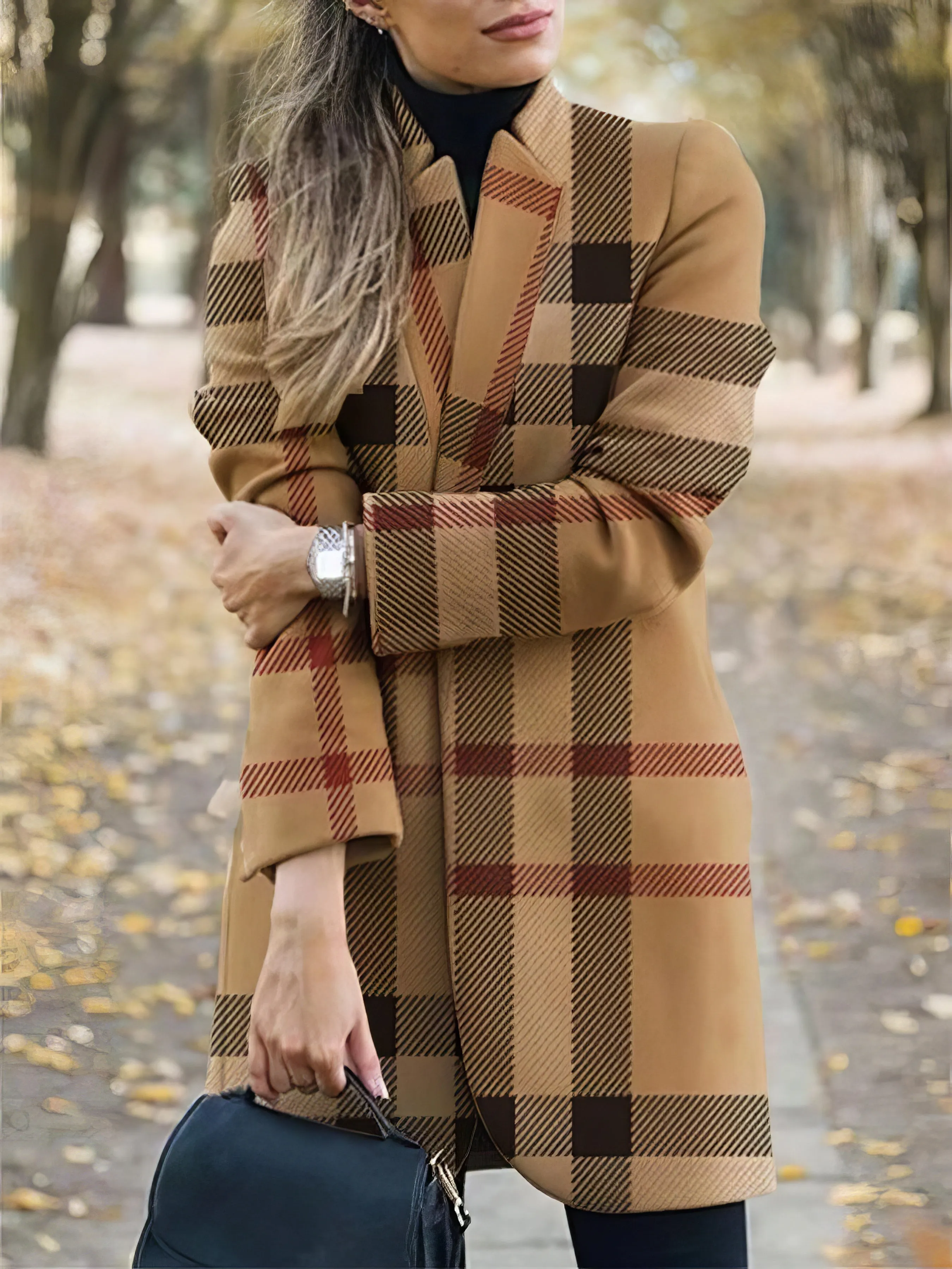 Coats Fashion Printed Stand-Collar Woolen Coat for Women