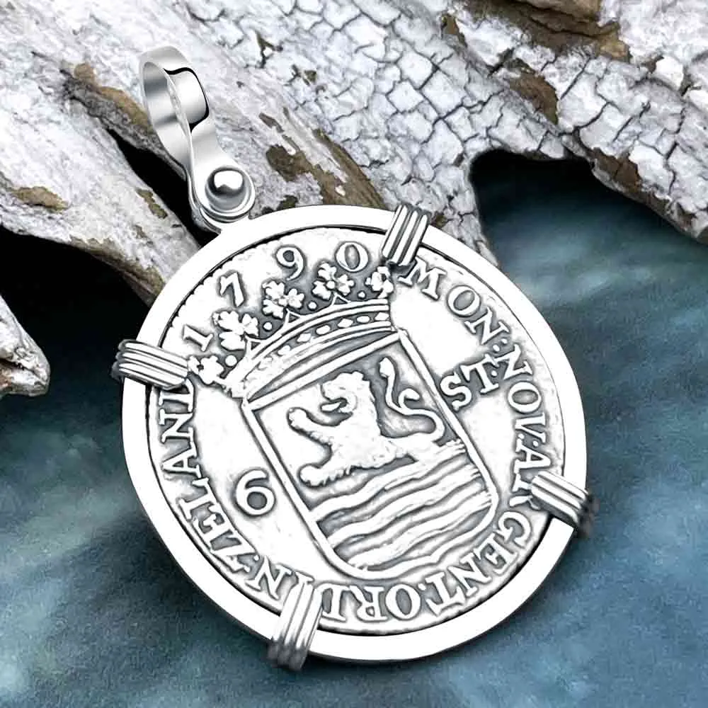 Dutch East India Company 1790 Silver 6 Stuiver Ship Shilling "I Struggle and Survive" 14K White Gold Pendant | Artifact #8481