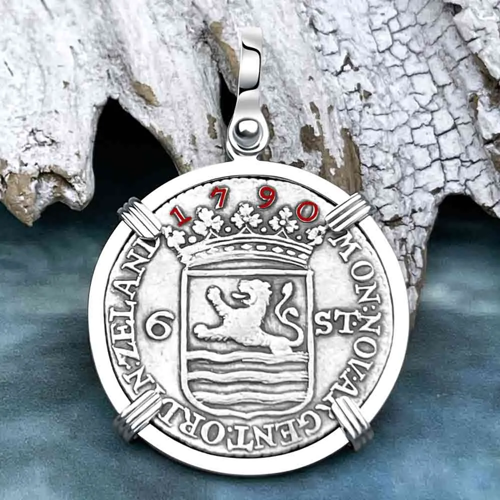 Dutch East India Company 1790 Silver 6 Stuiver Ship Shilling "I Struggle and Survive" 14K White Gold Pendant | Artifact #8481