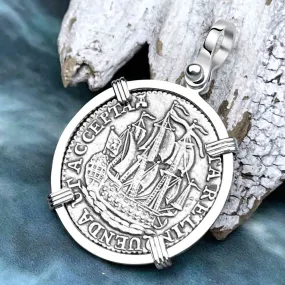 Dutch East India Company 1790 Silver 6 Stuiver Ship Shilling "I Struggle and Survive" 14K White Gold Pendant | Artifact #8481