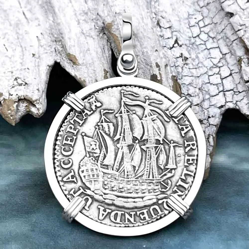 Dutch East India Company 1790 Silver 6 Stuiver Ship Shilling "I Struggle and Survive" 14K White Gold Pendant | Artifact #8481