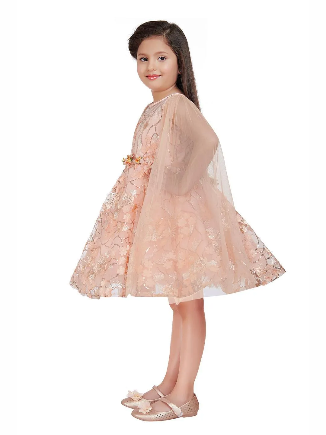 Fawn Coloured Imported Net Double Sided Sleeve Pattern Party Wear Frock For Girls