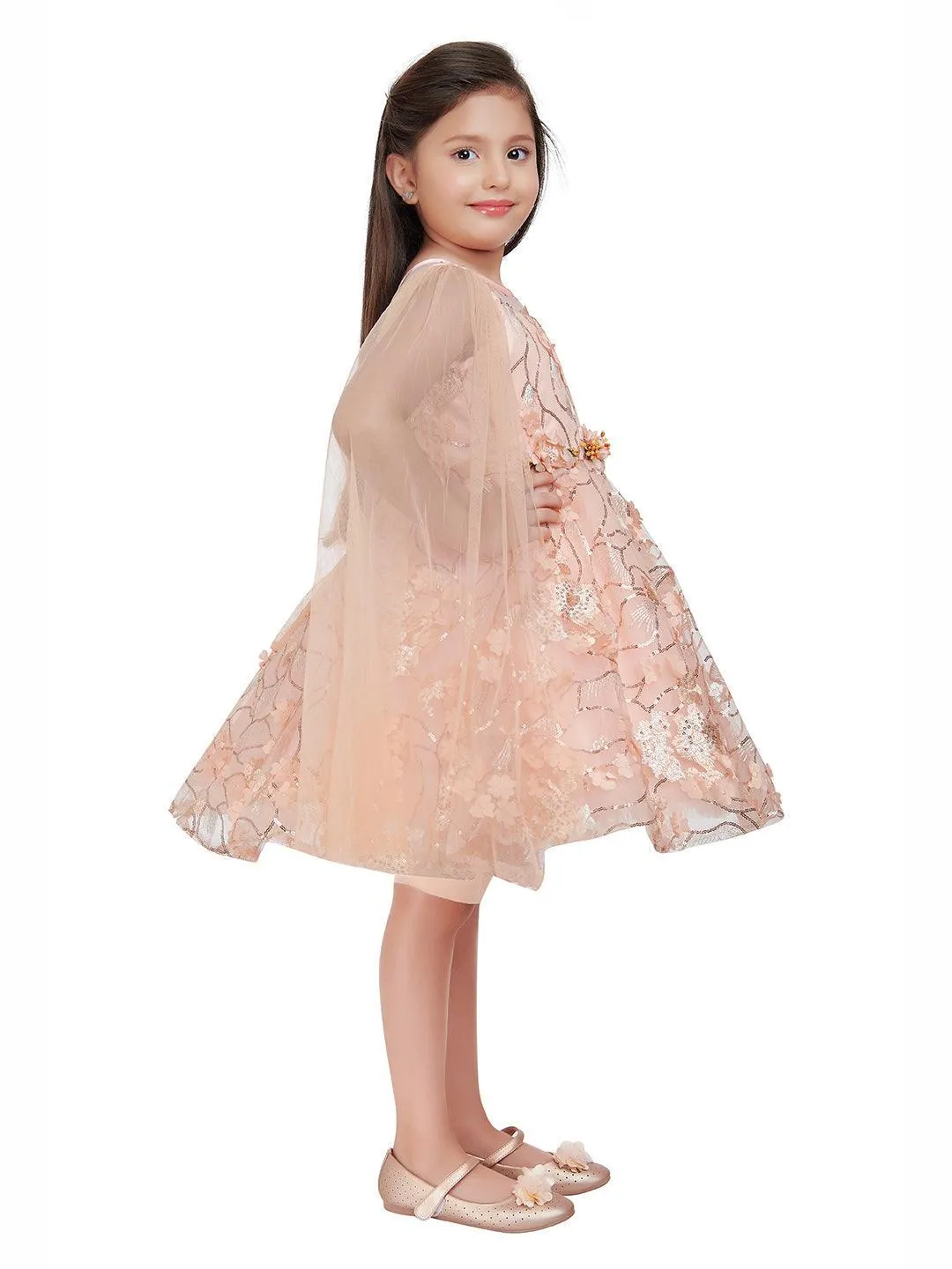 Fawn Coloured Imported Net Double Sided Sleeve Pattern Party Wear Frock For Girls