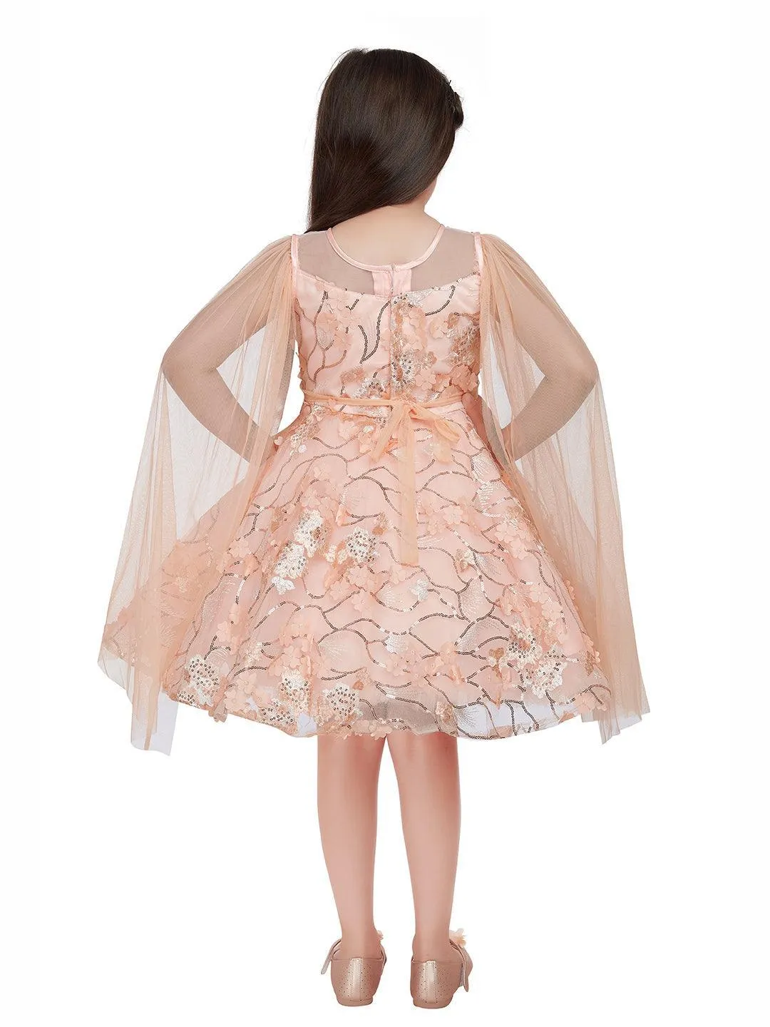 Fawn Coloured Imported Net Double Sided Sleeve Pattern Party Wear Frock For Girls
