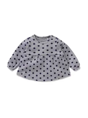Full sleeve blue dot pattern in  ash frock for baby girls