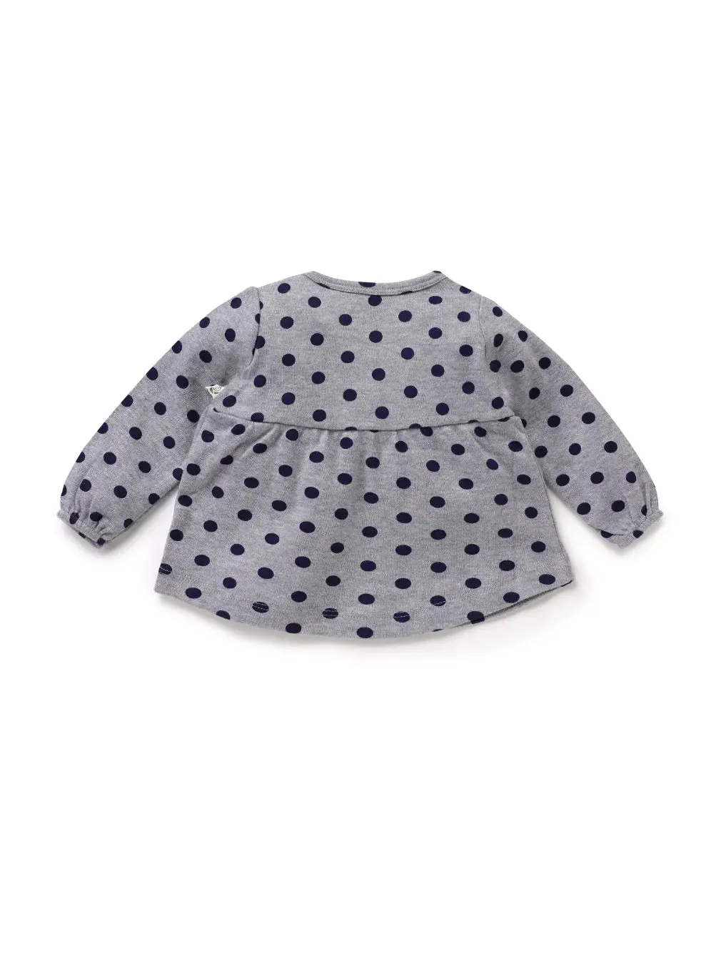 Full sleeve blue dot pattern in  ash frock for baby girls