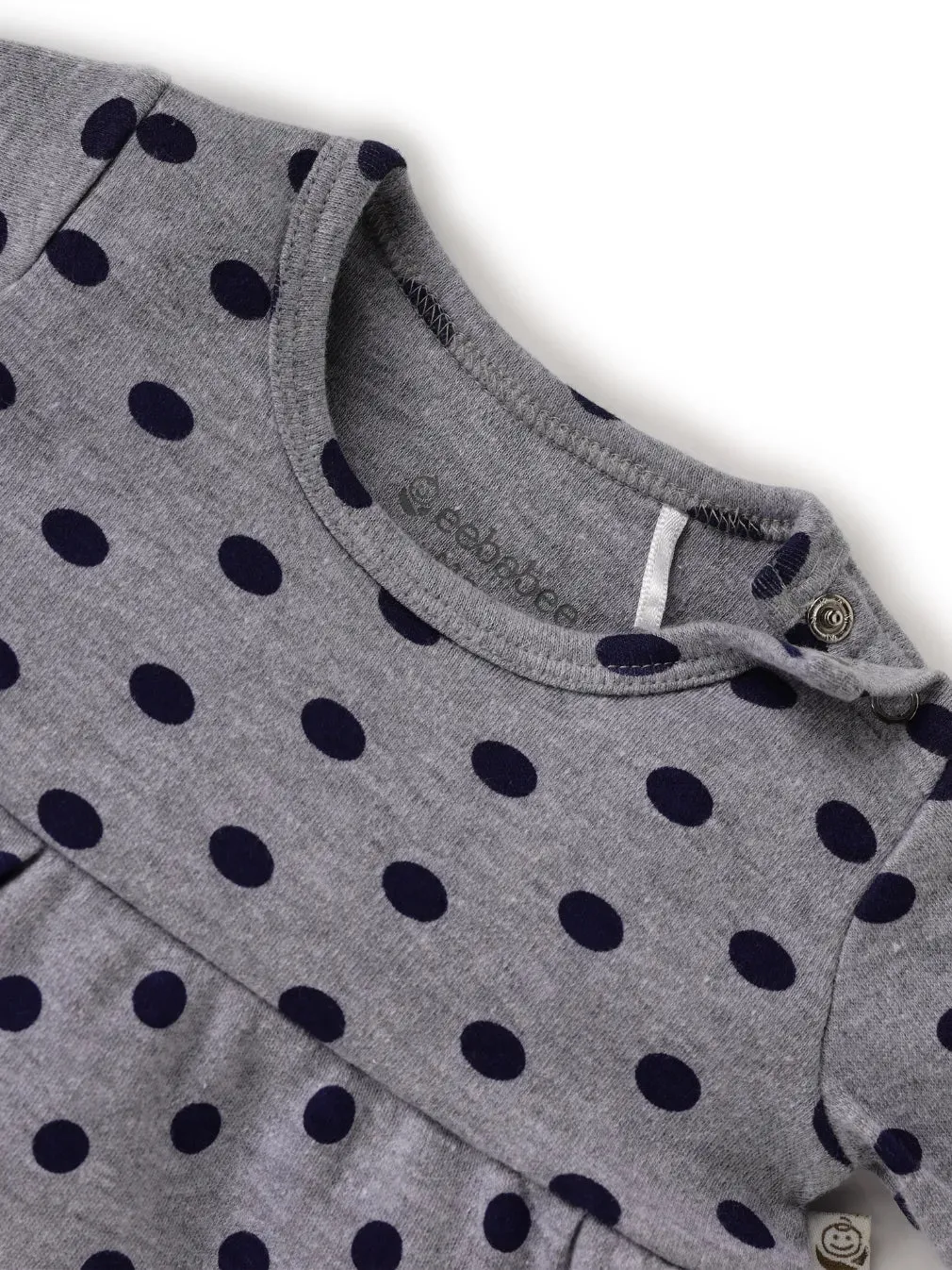 Full sleeve blue dot pattern in  ash frock for baby girls