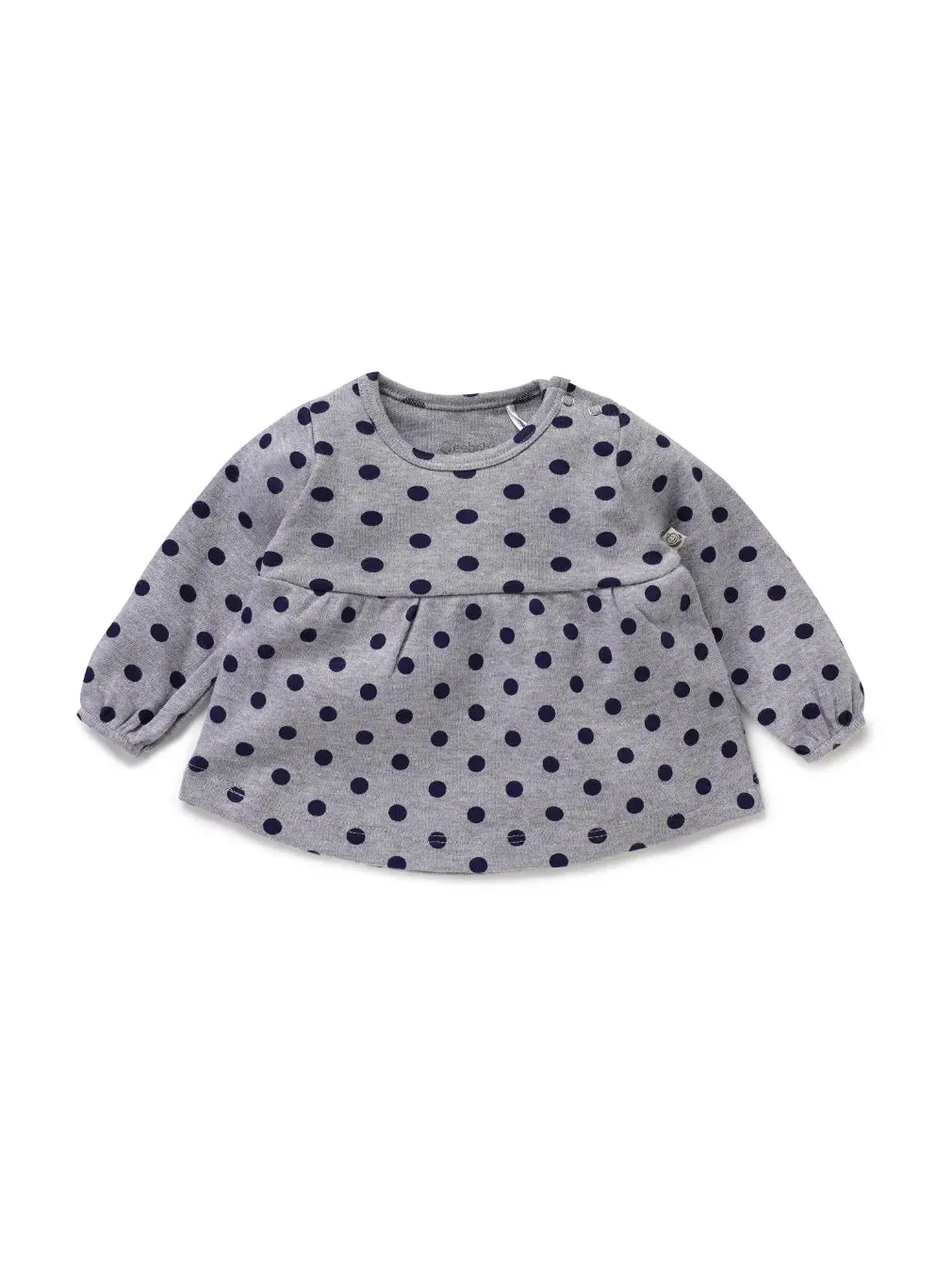 Full sleeve blue dot pattern in  ash frock for baby girls