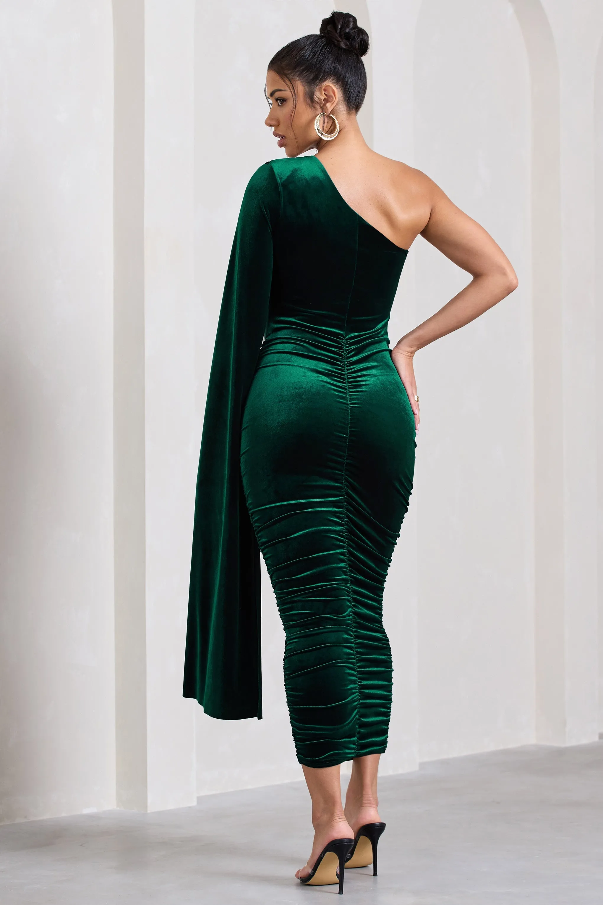 Gianna | Bottle Green Velvet One Shoulder Cape Bodycon Midi Dress