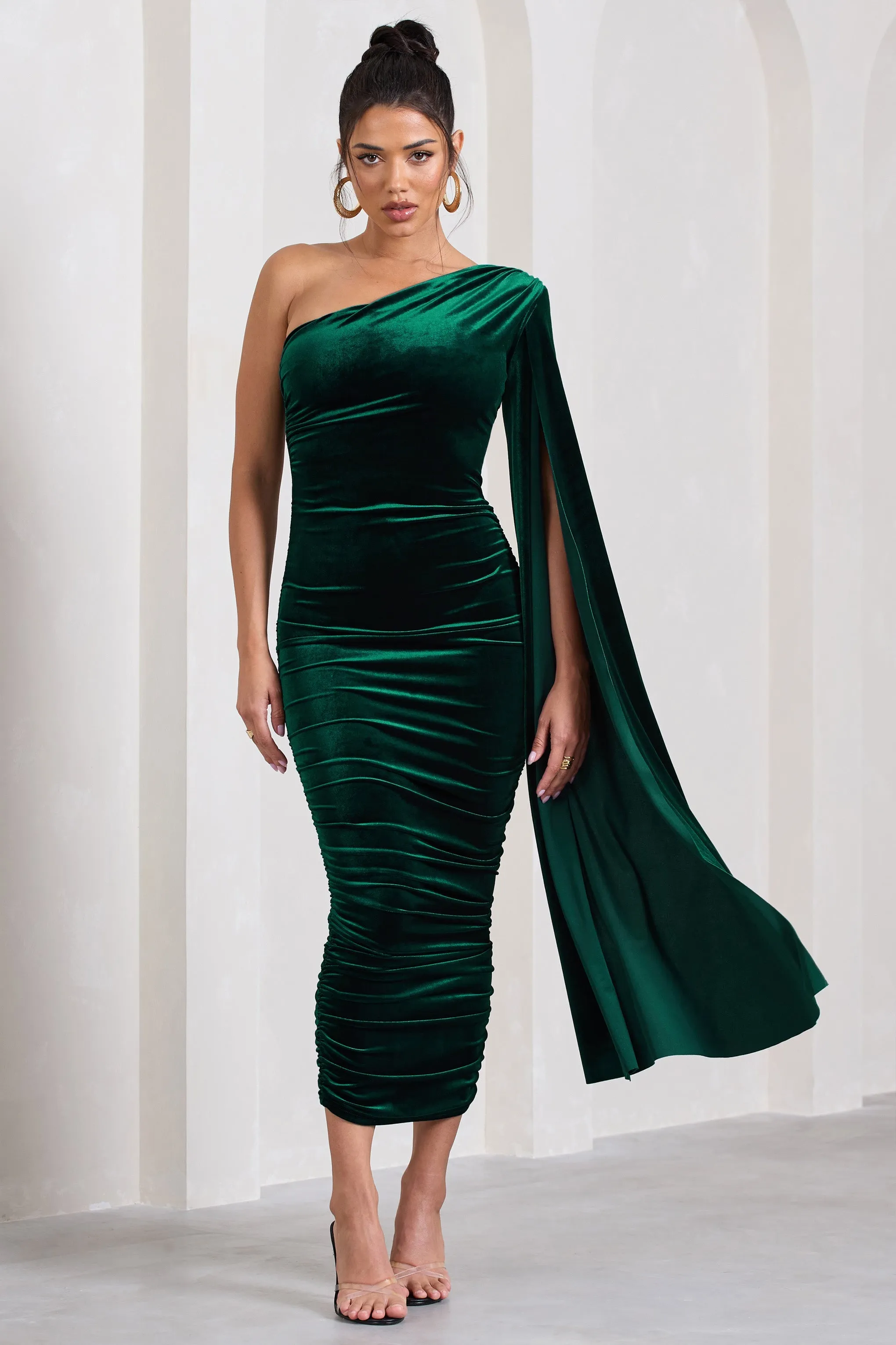 Gianna | Bottle Green Velvet One Shoulder Cape Bodycon Midi Dress