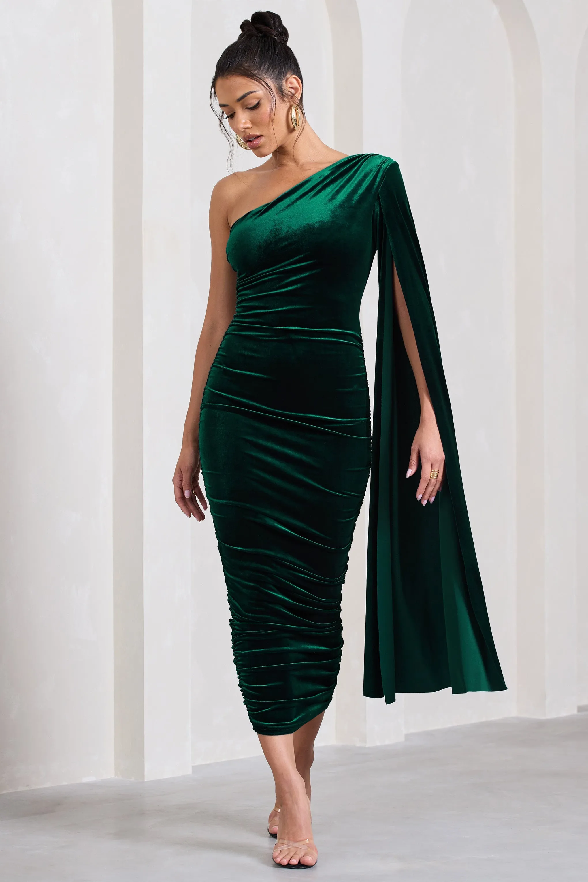 Gianna | Bottle Green Velvet One Shoulder Cape Bodycon Midi Dress