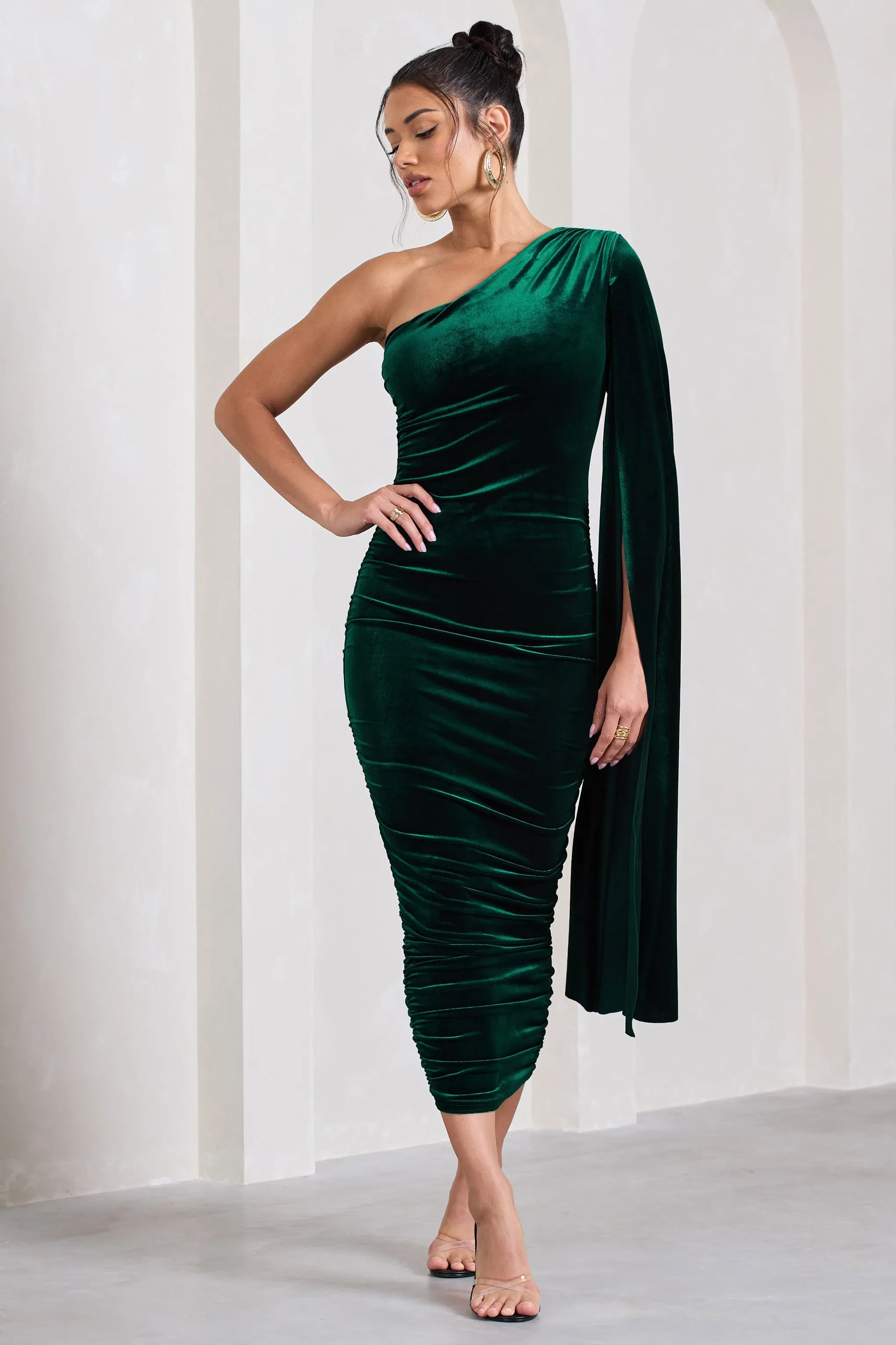 Gianna | Bottle Green Velvet One Shoulder Cape Bodycon Midi Dress