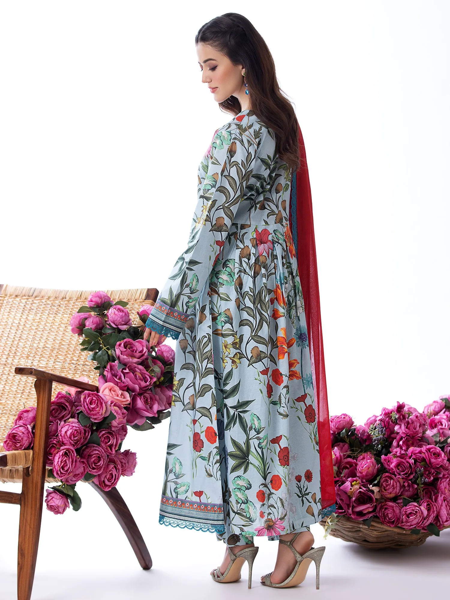 Heera's Blue-Grey Long Floral Cambric Frock Suit