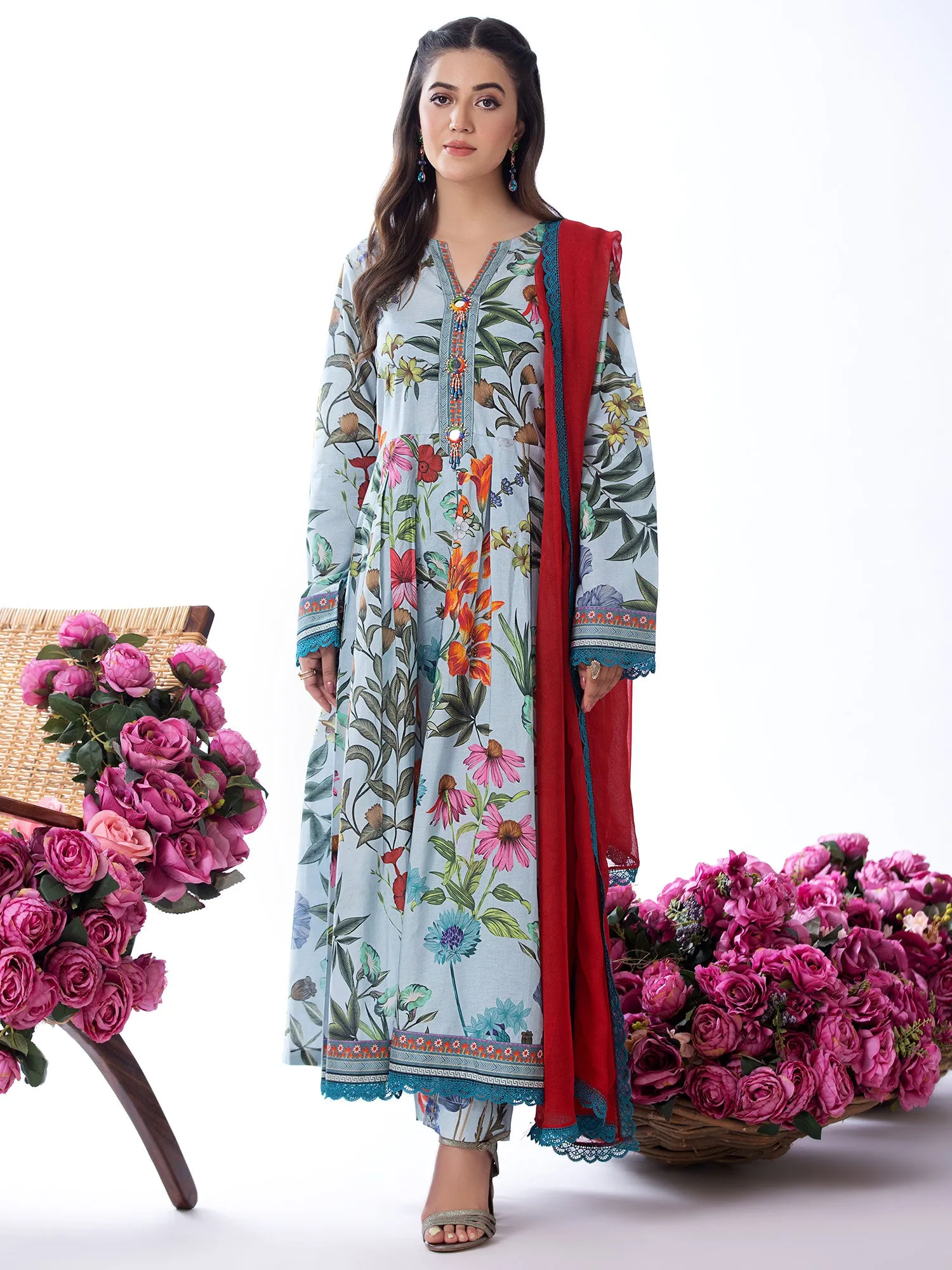 Heera's Blue-Grey Long Floral Cambric Frock Suit