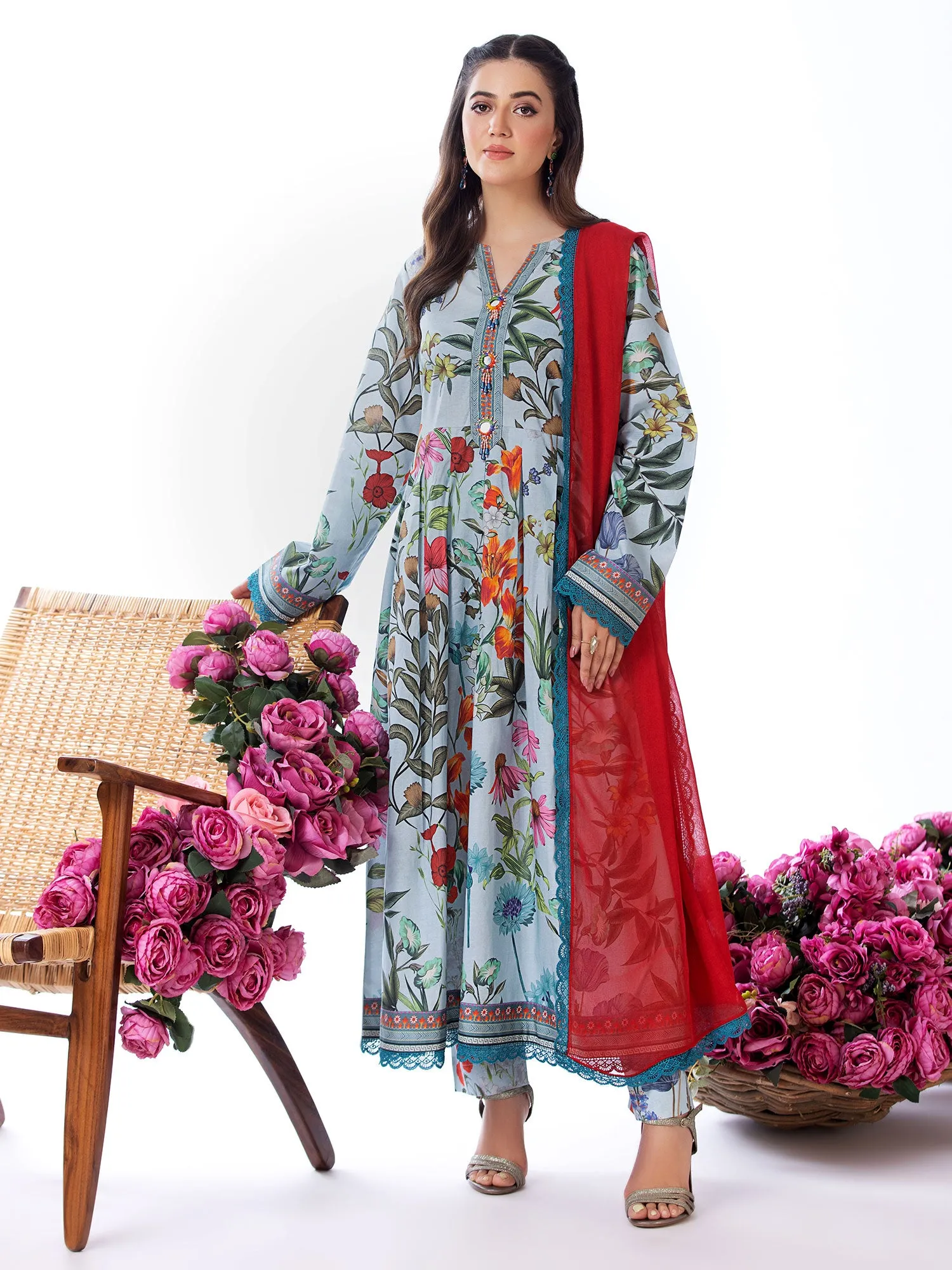 Heera's Blue-Grey Long Floral Cambric Frock Suit
