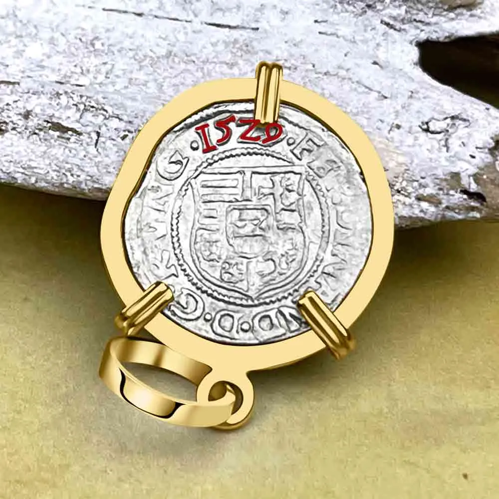 Hungarian Silver Denar Dated 1529 with Mary & Baby Jesus 14K Gold Pendant | Artifact #8560