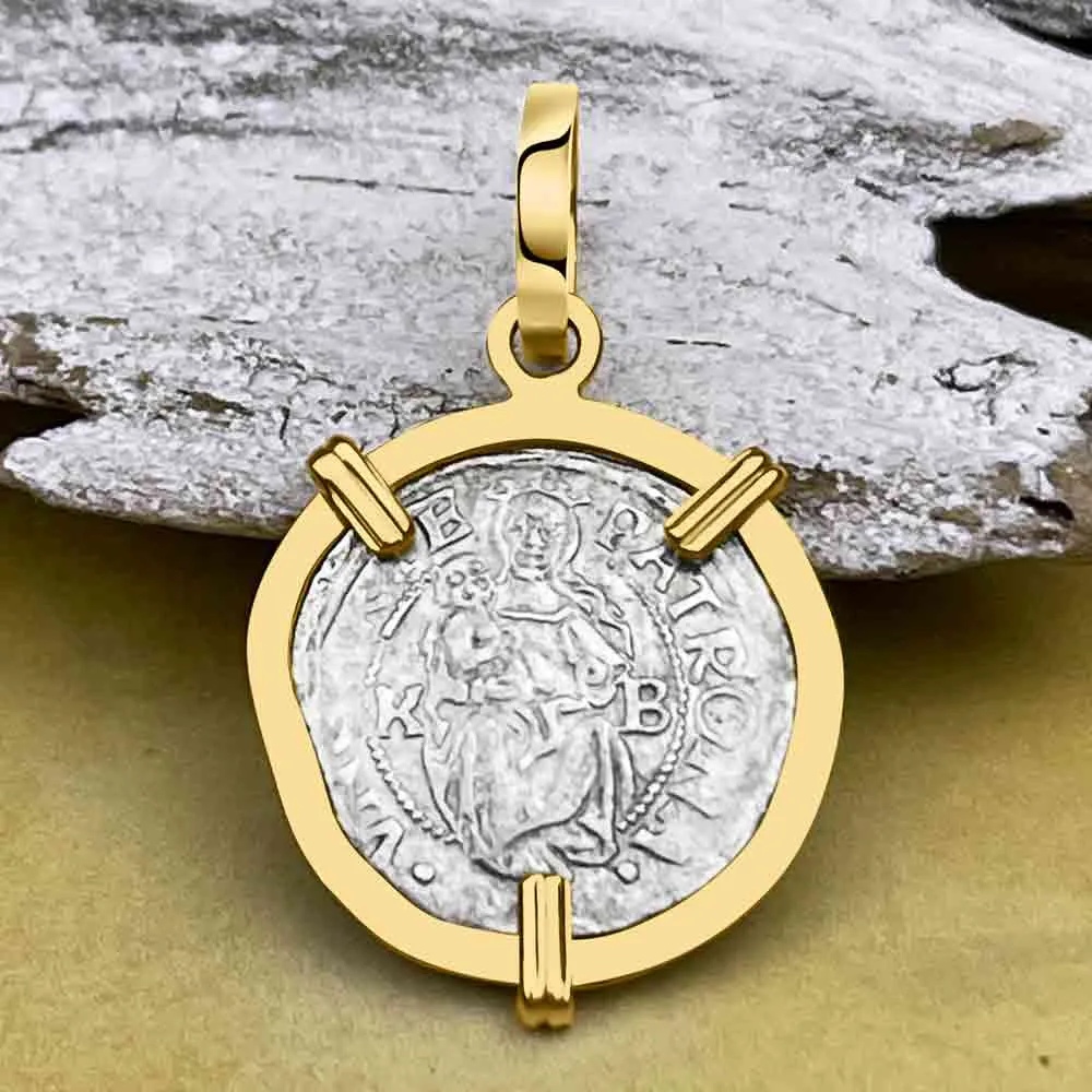 Hungarian Silver Denar Dated 1529 with Mary & Baby Jesus 14K Gold Pendant | Artifact #8560