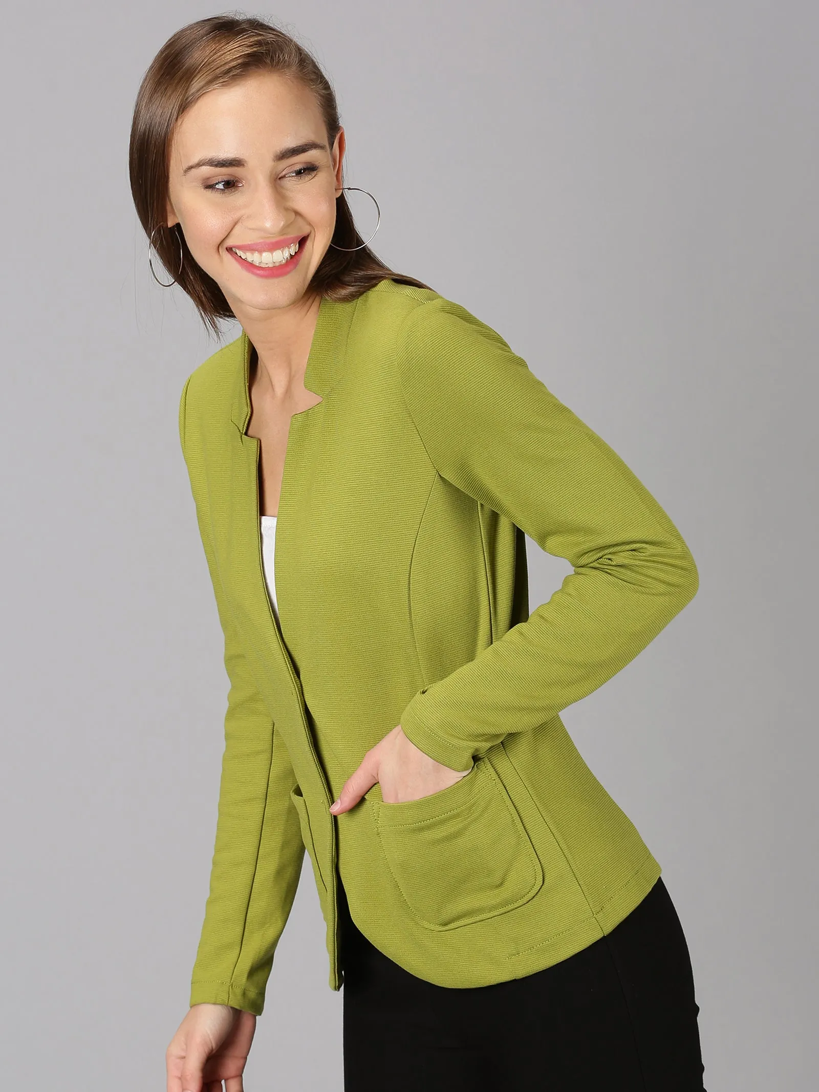 Light Green Full Sleeve Solid Women Jacket