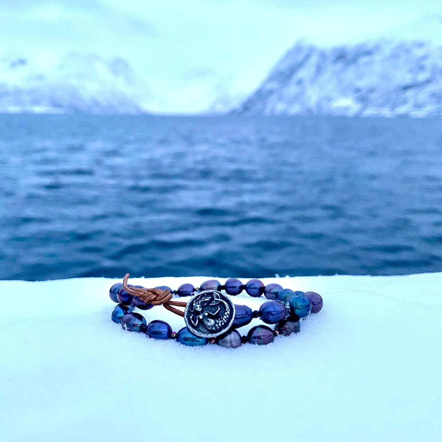 Mermaid Soul - Pearl and Leather Wrap Bracelet with Mermaid Button