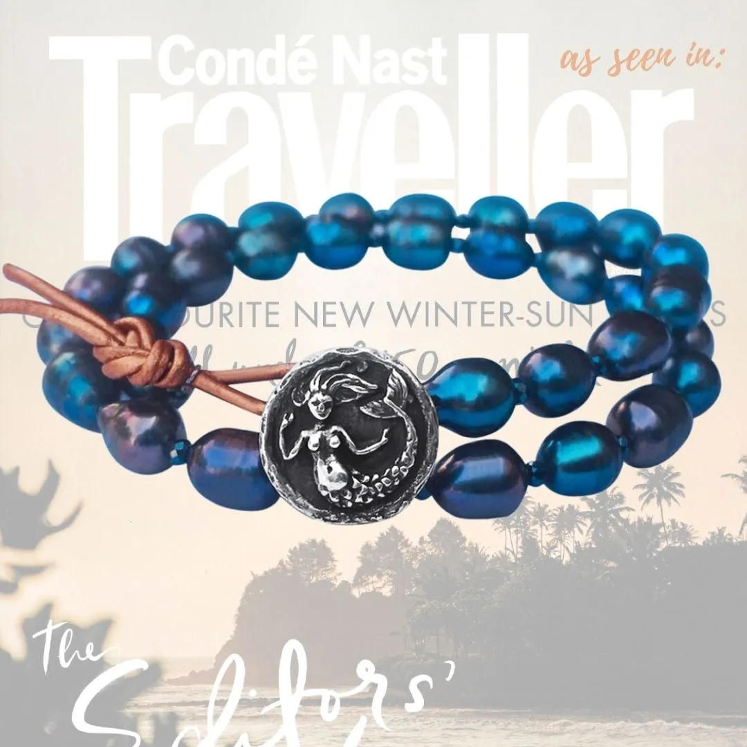 Mermaid Soul - Pearl and Leather Wrap Bracelet with Mermaid Button