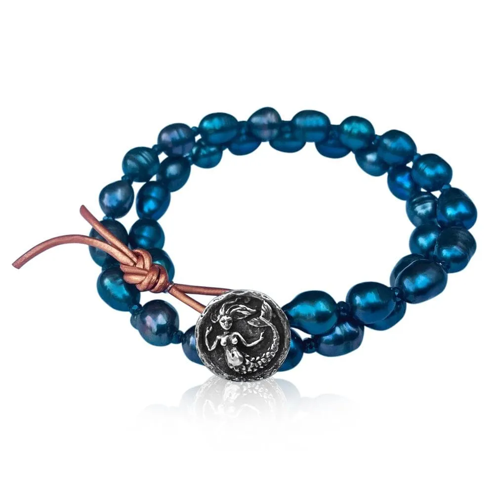 Mermaid Soul - Pearl and Leather Wrap Bracelet with Mermaid Button