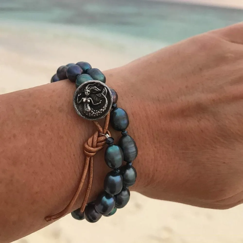 Mermaid Soul - Pearl and Leather Wrap Bracelet with Mermaid Button