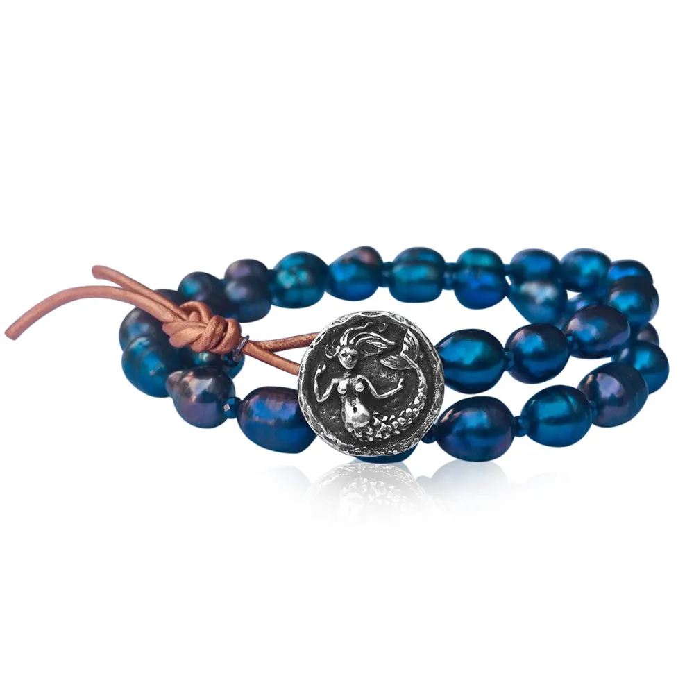 Mermaid Soul - Pearl and Leather Wrap Bracelet with Mermaid Button