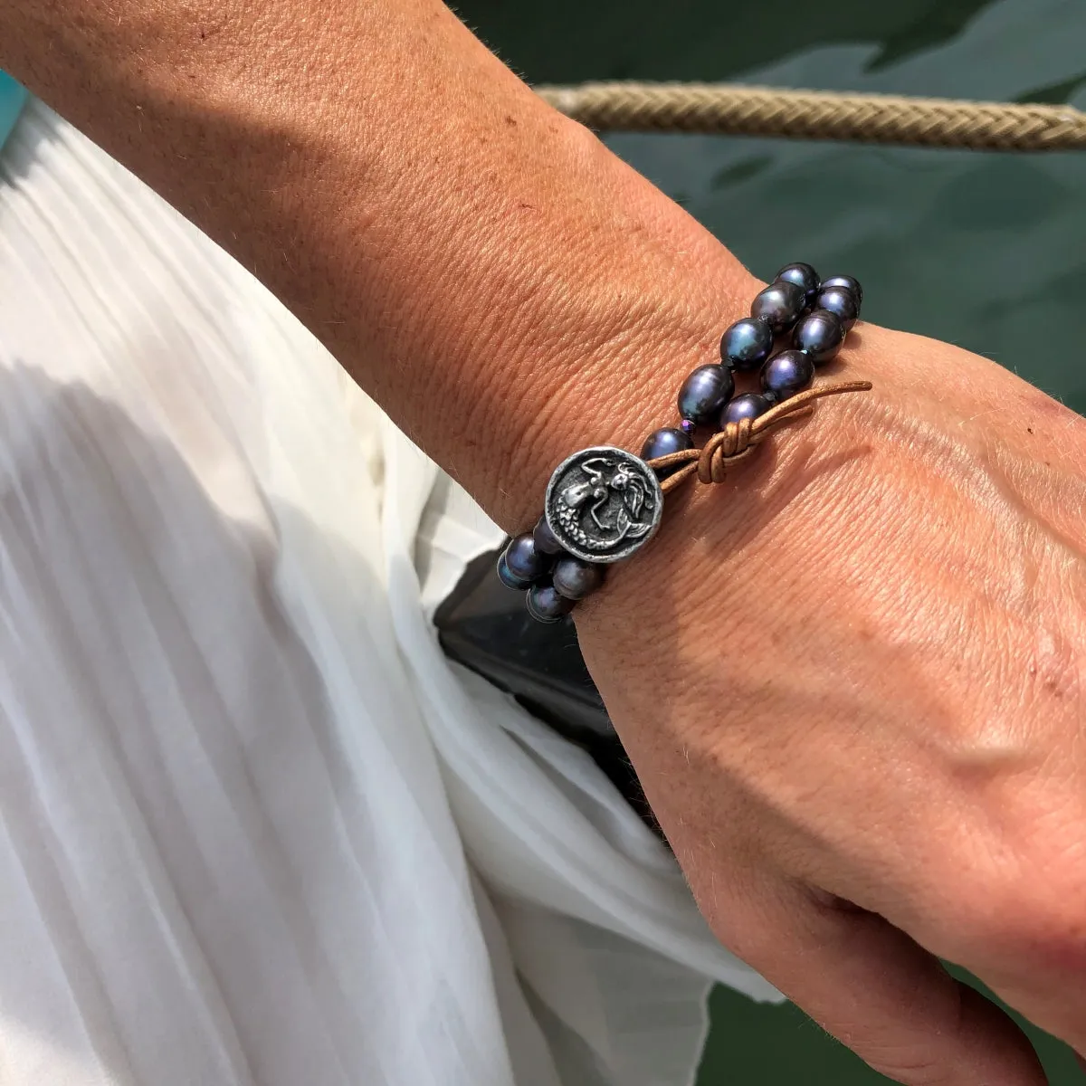 Mermaid Soul - Pearl and Leather Wrap Bracelet with Mermaid Button