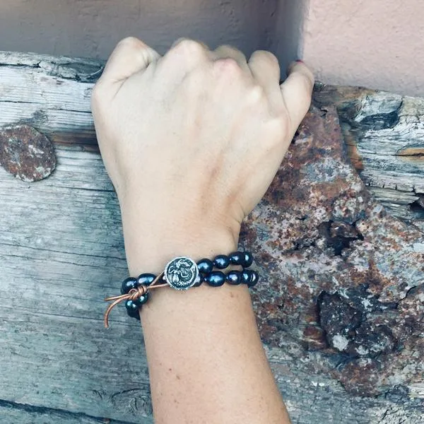 Mermaid Soul - Pearl and Leather Wrap Bracelet with Mermaid Button