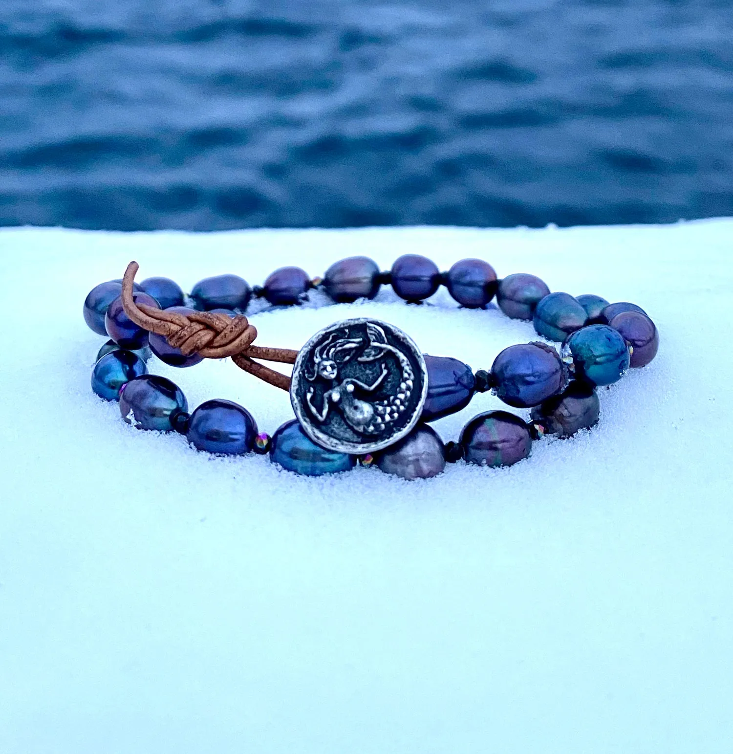 Mermaid Soul - Pearl and Leather Wrap Bracelet with Mermaid Button